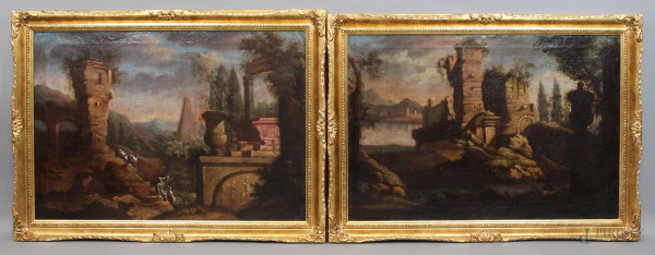 Leonardo  Coccorante - Coppia di capricci architettonici con figure, olio su tela, altezza cm. 52x75, entro cornici