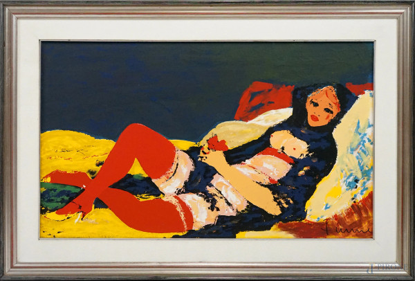 Salvatore Fiume - Odalisca dalle calze rosse, serigrafia su tela,  cm 54x86, ES. XIV/L, entro cornice.