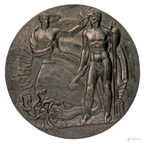 Auspicium, medaglione in bronzo con figure e fascio littorio a rilievo, diam. 29, firmato G.Morigi.