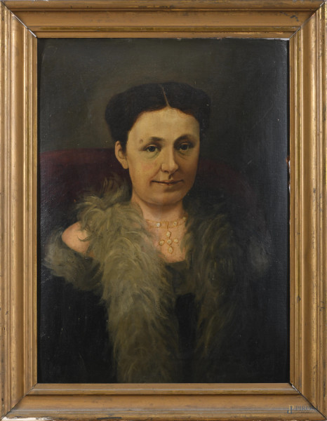 Ritratto di signora, XX secolo, olio su cartone, cm 64,5x47,5, entro cornice, (segni di usura, abrasioni, cadute di colore, cartone imbarcato e ondulato)