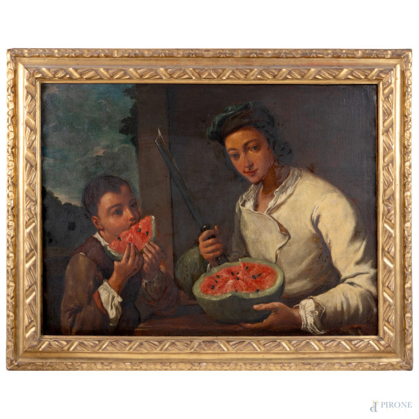 Mangiatori di angurie, XVIII-XIX secolo, olio su tela, cm 97x74,5, siglato in basso, entro cornice