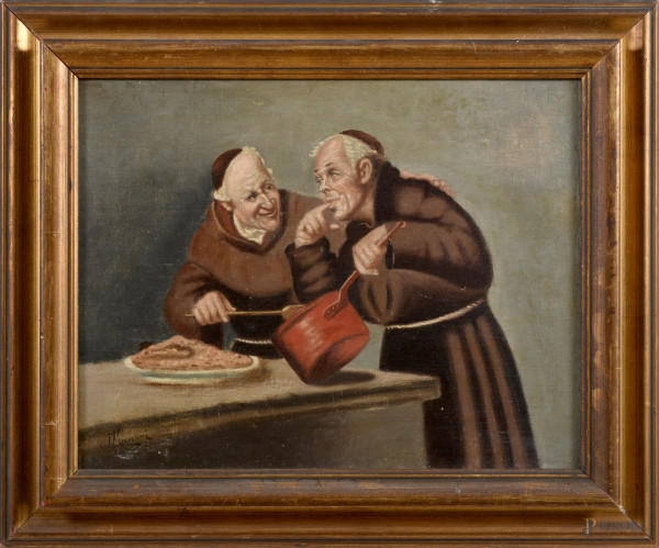 Frati, XX secolo, olio su tela applicata su cartone, cm 35x44, firmato, entro cornice, (lievi segni di usura e abrasioni)