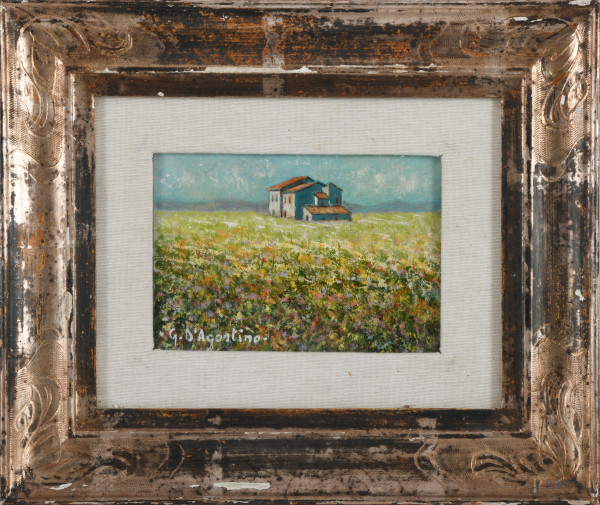 La cascina, XX secolo, olio su tela applicata su cartone, cm 12x17,5, firmato in basso a sinistra, entro cornice