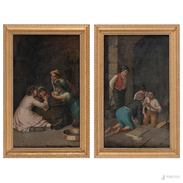 Coppia di dipinti raffiguranti bambini che giocano, XX secolo, olio su tela, cm 33x18, entro cornice, (segni di usura, abrasioni, mancanza di tensione, difetti)