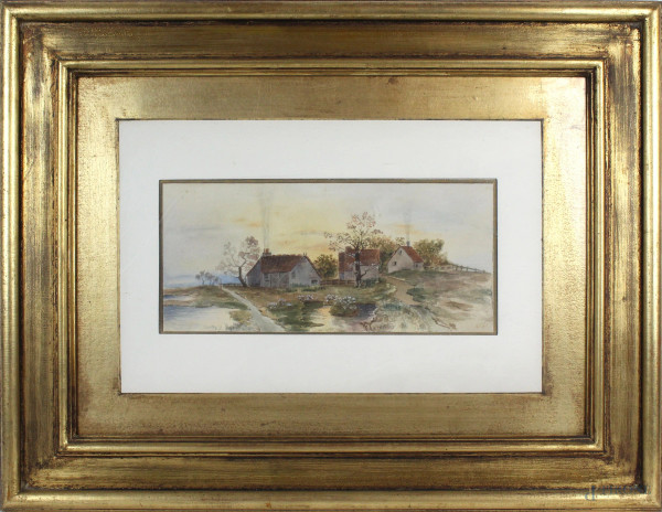 Paesaggio con case, acquarello su carta, cm. 15x32, firmato G. Simoni, entro cornice.