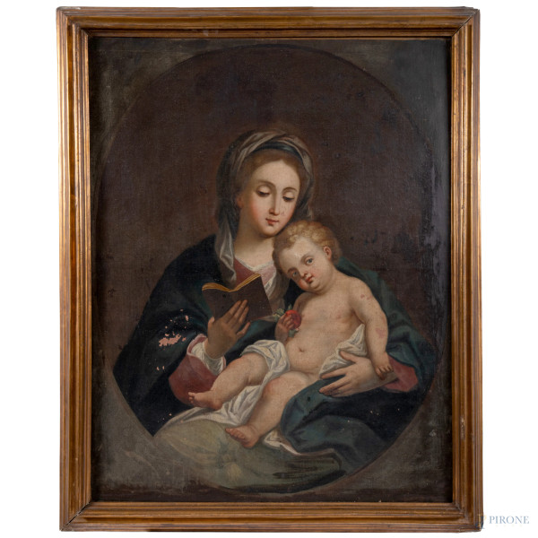 Madonna con Bambino, XVIII-XIX secolo, olio su tela, cm 99x78,5, entro cornice, (cadute di colore)