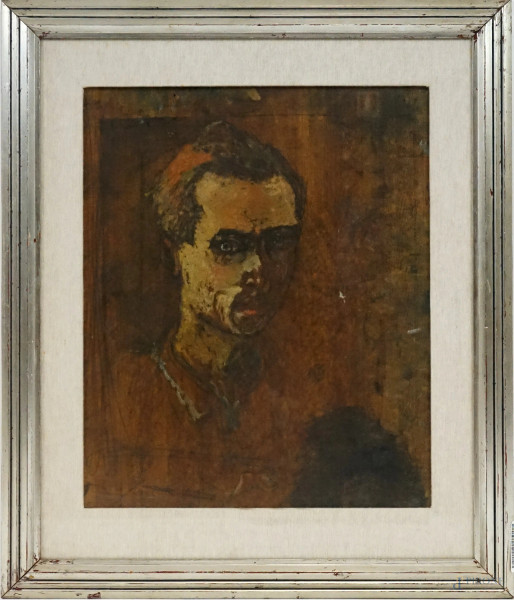 Ritratto d'uomo, olio su tavola, cm 49,5x41, firmato, entro cornice