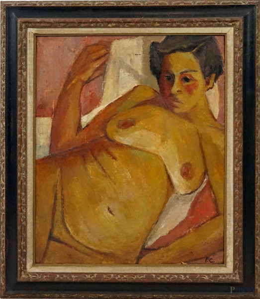 Nudo di donna, olio su masonite, cm 64,5x53,5, siglato F.C., entro cornice