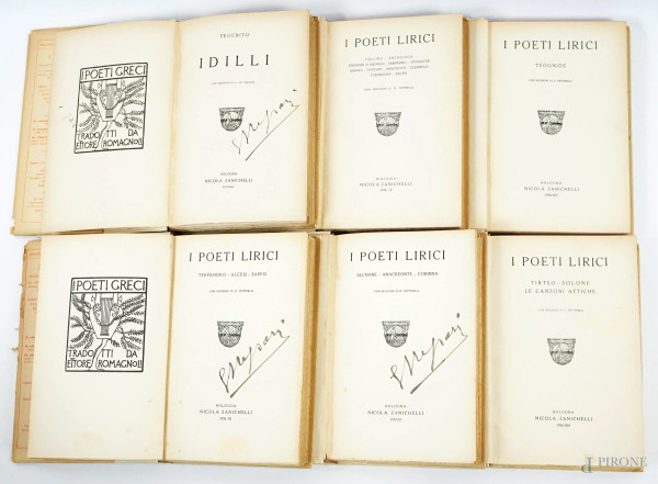 I poeti lirici con incisioni di D.Pettinelli, Bologna, Nicola Zanichelli, 1932-1933-1935-1936, sei volumi, (difetti)