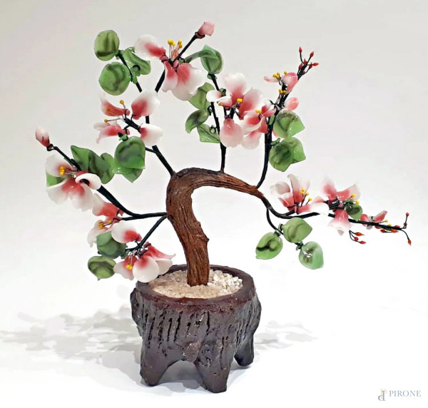 Bonsai vintage di arte cinese realizzato con mix di pietre burattate in varie tonalità di colore, altezza cm 35