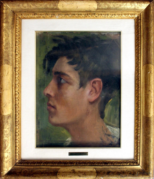 Ritratto di giovane, olio su tavola datato 1925, cm 38 x 30, entro cornice.