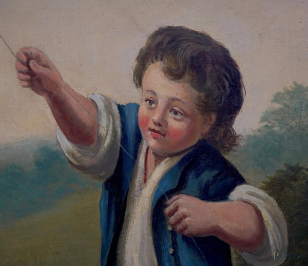 Il gioco dell'aquilone, XIX secolo, olio su tela, cm 190x81, entro cornice, (difetti)
