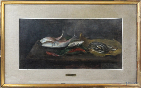 Natura morta con pesci, olio su tela, cm 30x60, firmato Lajos Ravasz, entro cornice