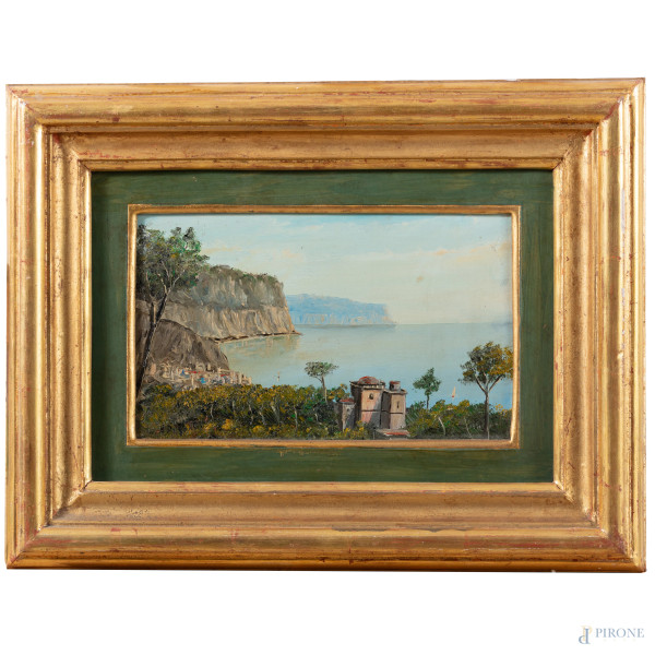 Scorcio lacustre, XX secolo, olio su compensato, cm 16x26, entro cornice, (segni di usura, abrasioni, difetti)
