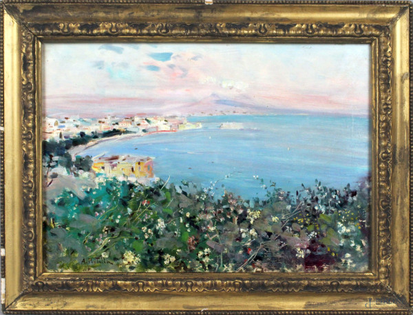 Golfo di Napoli, olio su tavola, cm. 254x34, firmato, entro cornice.