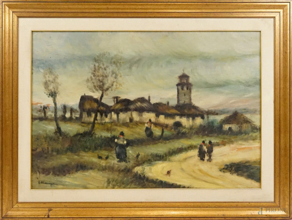 Paesaggio con case e figure, olio su compensato, cm 67x98, firmato, entro cornice.