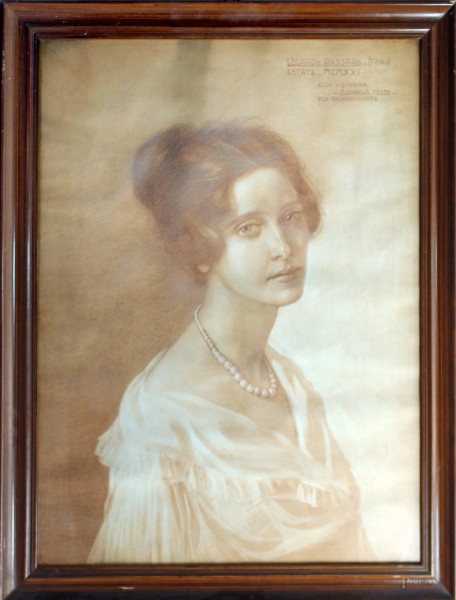 Edgardo Rossaro - Ritratto di donna, tecnica mista su carta, cm 64x47, entro cornice.