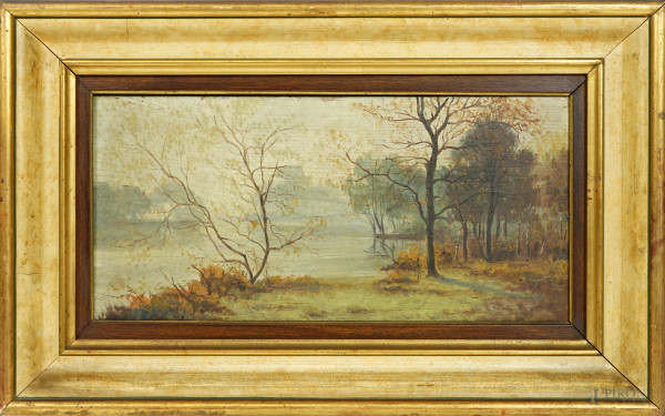 Scuola italiana, sec. XIX, Paesaggio lacustre, olio su tavoletta, cm 18,5x38, entro cornice