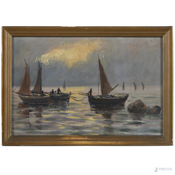 Marina con imbarcazioni, XX secolo, olio su compensato, cm 20x30, entro cornice, (segni di usura, supporto imbarcato, graffi, fessurazioni, abrasioni, difetti)