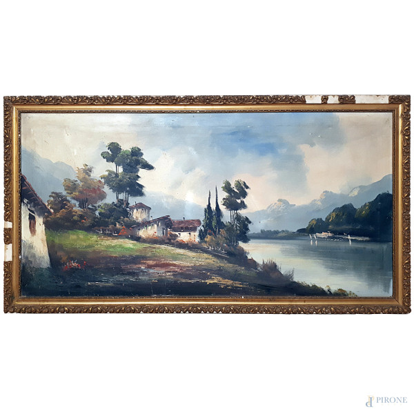 Artista della prima metà del Novecento, Paesaggio lacustre, olio su tela, cm 60x120, con cornice coeva