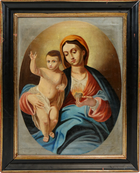 Madonna con il Bambino e il Sacro Cuore, olio su tela, XX secolo, cm 67x51, entro cornice