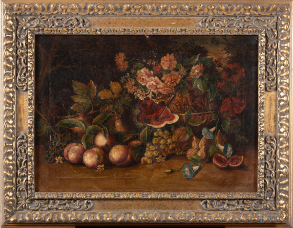 Natura morta di fiori e frutta, XX secolo, olio su tela, cm 50x70, firmato in basso a destra, entro cornice, (lievi segni di usura, abrasioni, piccole cadute di colore)