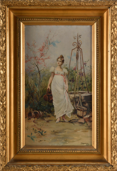 P. Maresca, Fanciulla, olio su tavola, cm 32,5x19 entro cornice, (difetti)