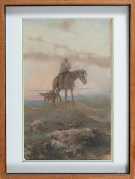 Attribuito a Vincenzo Benisson, Cacciatore a cavallo, tecnica mista su carta, cm 49x30, entro cornice