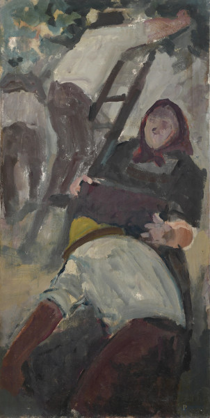 Edoardo Krumm (1916-1993), La raccolta, tecnica mista su tela, cm 120x60, firmato al retro