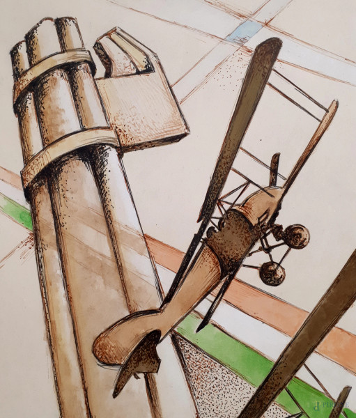 Cosimo Buccari (XX sec.) Aeropittura, tecnica mista su cartone, cm 42x27, firmato “Cosimo Buccari...