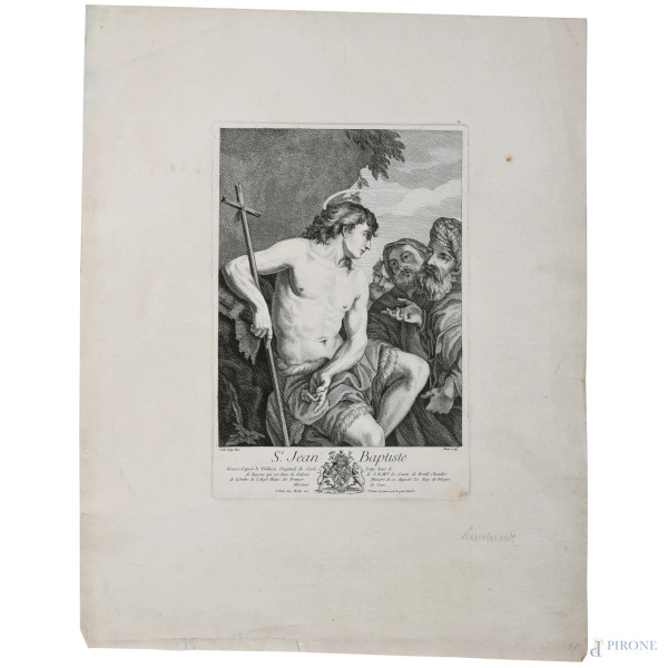 San Giovanni Battista, XVIII-XIX secolo, incisione su carta, cm 58x45, (segni di usura, tracce di umidità, gore, foxing, lacerazioni della carta, tracce di piegatura)