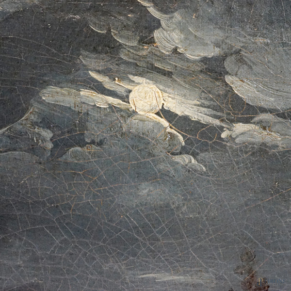 Paesaggio fluviale con pescatori e viandanti al chiaro di luna, olio su tela, XIX secolo, cm 35x4...