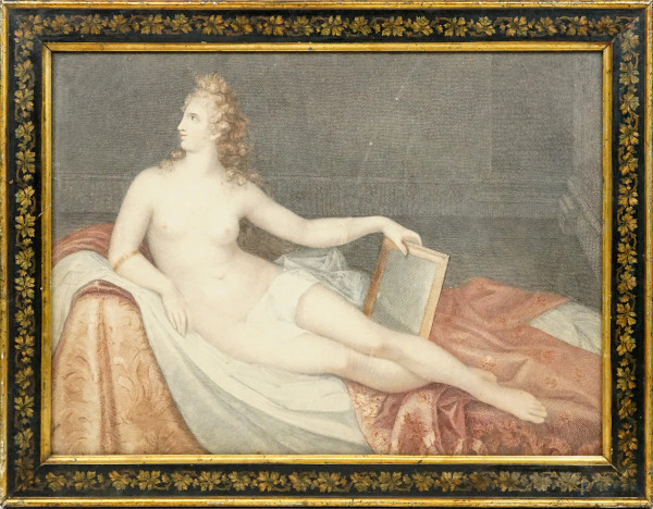 Venere con lo specchio, incisione a colori da Antonio Canova (1757-1822), cm 33,5x43,5, incisore Pietro Vitali (1755-1830), inizi XIX secolo, entro cornice.