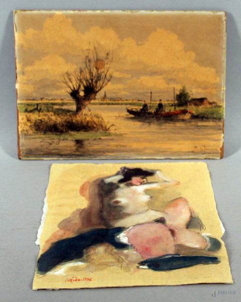 Lotto composto da un dipinto raffigurante nudo a tecnica mista su carta 31x22 cm, ed un paesaggio su carta 22x31 cm.