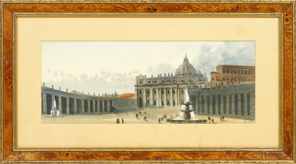 Piazza San Pietro, acquarello su carta, cm 22,5x45 circa, siglato a matita VT in basso a destra, entro cornice.