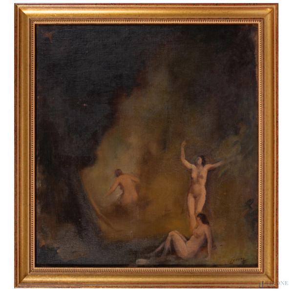 Marcello Coccon Saba, Tre nudi femminili, XIX-XX secolo, olio su tela, cm 60x55, firmato in basso a destra, entro cornice, (cadute di colore)