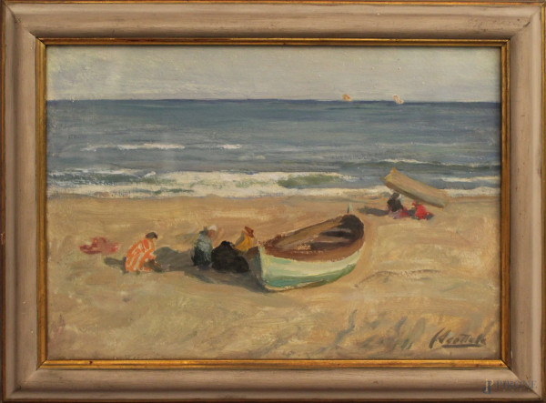 Ferruccio Scattola - Spiaggia con barca, olio su tavola, cm 24 x 33, entro cornice.