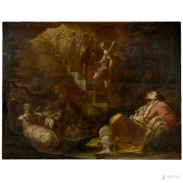 Scuola Lombarda del XVII-XVIII secolo, Scala di Giacobbe, olio su tela, cm 135,5x175,5, (cadute di colore, segni di impressione del telaio alla tela)