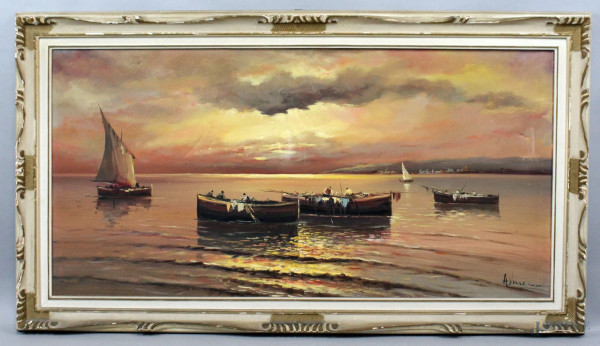 Marina con imbarcazioni al tramonto, olio su tela, cm 60x120, firmato, entro cornice