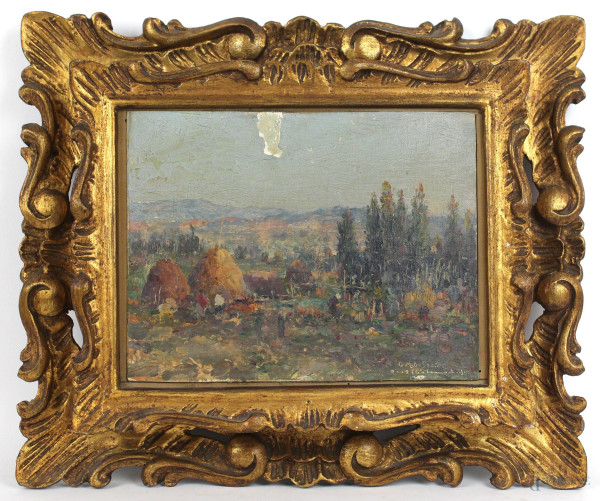 Paesaggio con covoni, olio su tela applicata su tavola, cm 17x21,5, firmato e datato entro cornice, (cadute di colore)