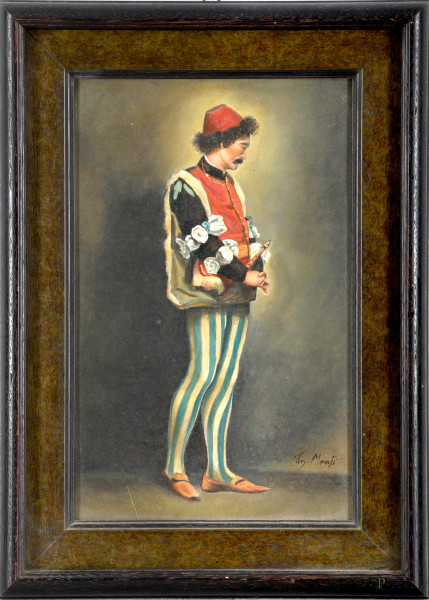Suonatore di flauto, olio su tavola, cm 33x21, firmato in basso a destra