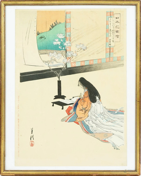 Gekko Ogata - La poetessa Ise no Tayo, multiplo a colori recante iscrizioni, cm 33,5x23,5, circa, Giappone, XX secolo, entro cornice.