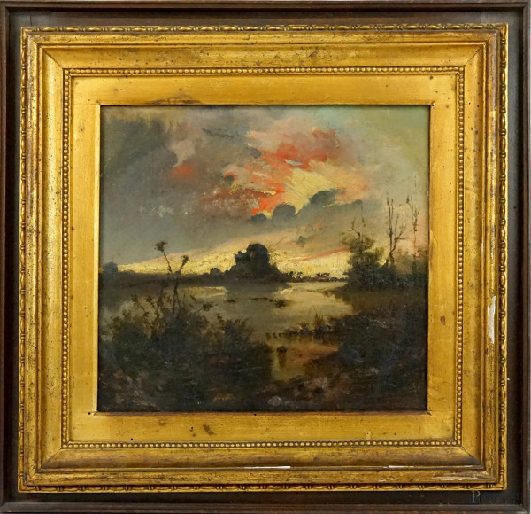 Paesaggio al tramonto, olio su cartoncino applicato su tela, cm 27,5x29, inizi XX secolo, entro cornice