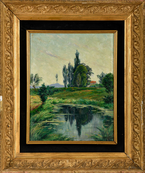 Paesaggio con canale, XX secolo, olio su tela, cm 40x33, firmato in basso a destra, entro cornice