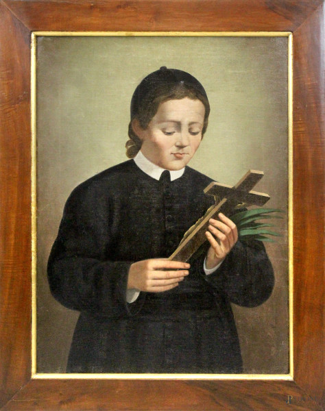 Fanciullo con Crocifisso, olio su tela, cm 80x60, fine XIX secolo, entro cornice, (lievi difetti).