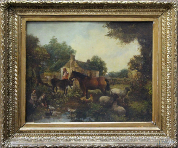 Paesaggio inglese con figura ed armenti, olio su cartone, XIX sec., cm 45 x 50, entro cornice.