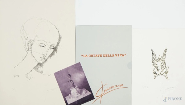 Enzo Carnebianca - Lotto composto da due prove d'autore, un comunicato stampa ed una fotografia, misure max cm 50x35
