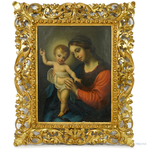 Carlo Dolci - Madonna col Bambino, XIX secolo, olio su tela, cm 52,5x40, entro cornice