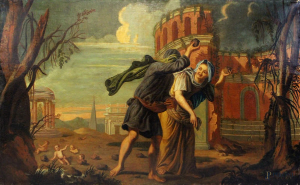 Deucalione e Pirra, olio su tela, XVIII secolo, cm. 102x179