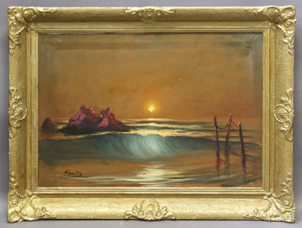 Marina al tramonto, olio su tela firmato, seconda met&#224; del XX sec., cm 50 x 70, entro cornice.